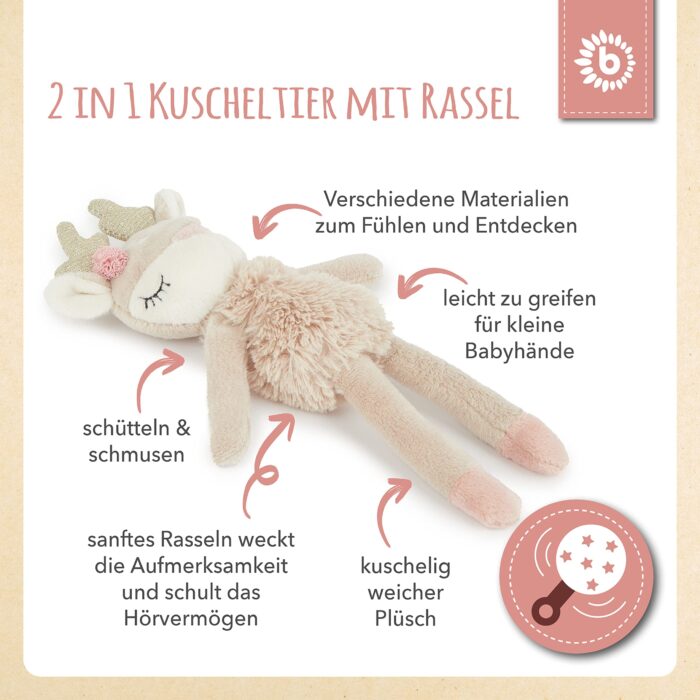 Bieco Kuscheltier Reh Ella mit Rassel | Baby Kuscheltier ab 0 Monate Stofftier Baby Plüschtientier – Bild 6